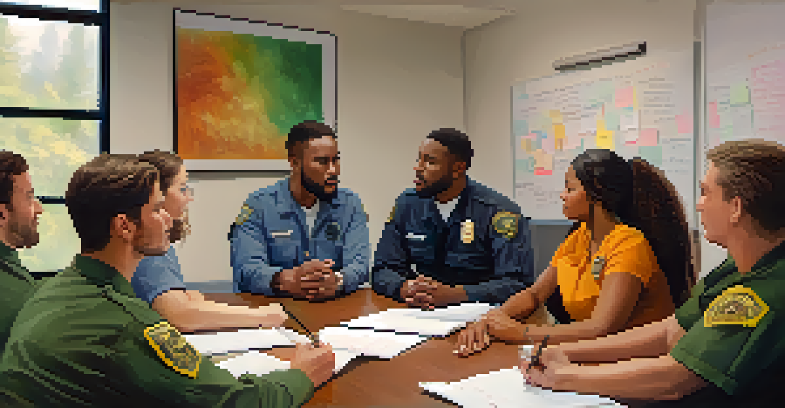 Group of crisis responders in a supportive circle during a team meeting, sharing experiences in a cozy room.