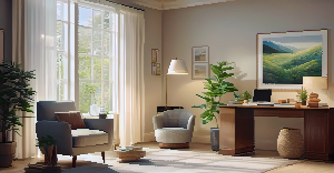 A cozy therapist's office with an armchair, plant, and calming artwork, illuminated by soft natural light.