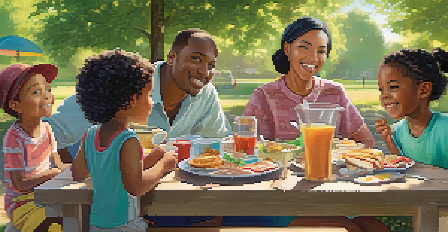 A caregiver explaining food options to a child at a sunny outdoor family gathering, with diverse dishes on a picnic table.