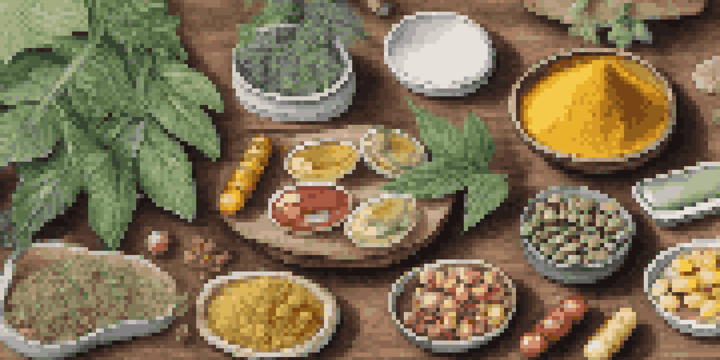 An artistic arrangement of colorful plant-based supplements including capsules, herbs, and fresh ingredients like turmeric and ginger on a wooden table with greenery.