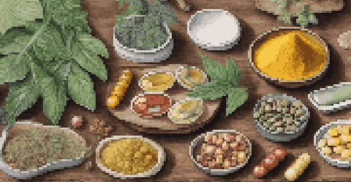 An artistic arrangement of colorful plant-based supplements including capsules, herbs, and fresh ingredients like turmeric and ginger on a wooden table with greenery.