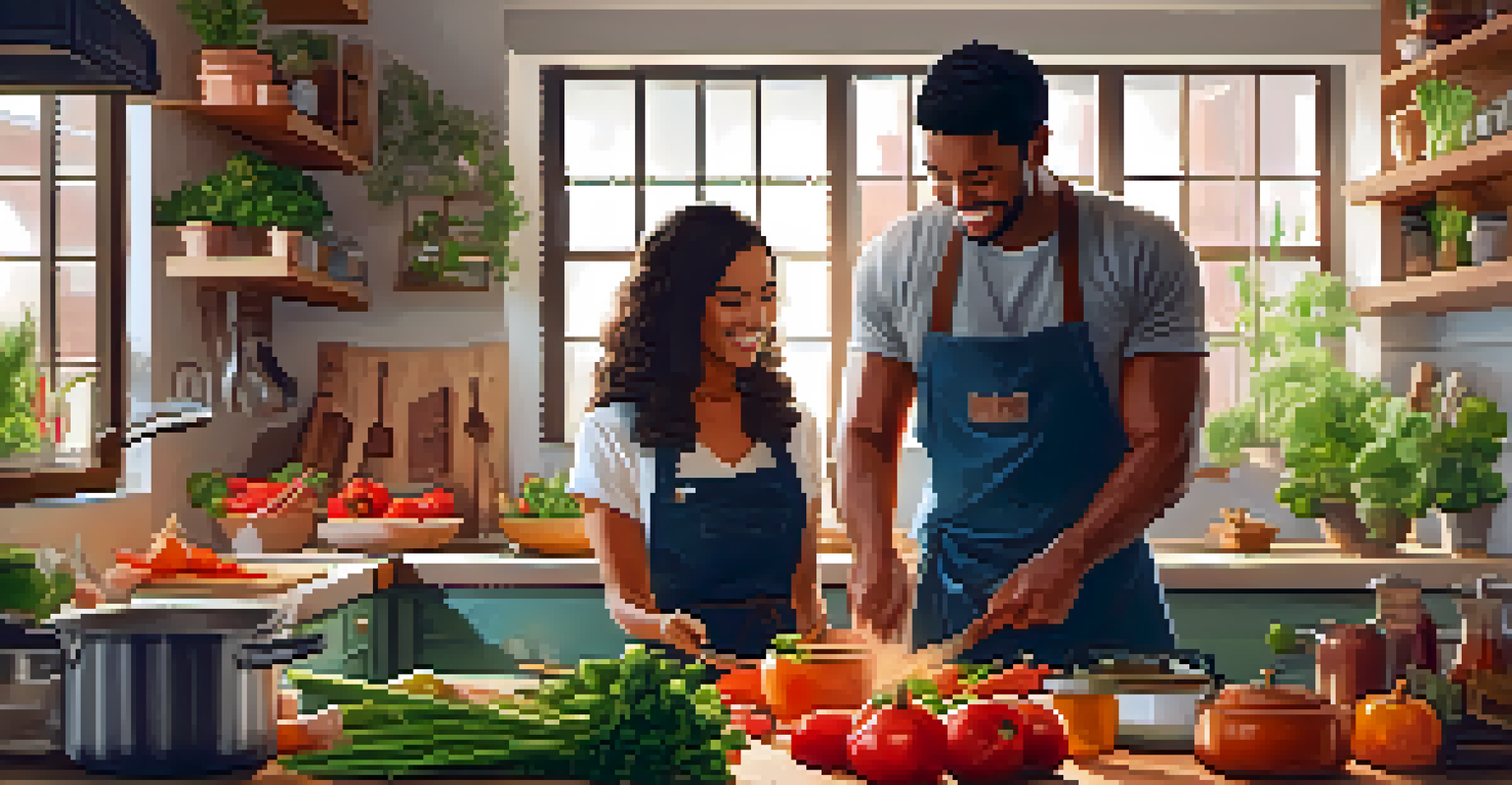 A couple cooking together in a cozy kitchen, sharing smiles and laughter, surrounded by fresh ingredients and warm lighting.