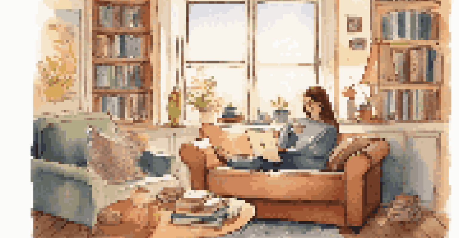 A person enjoying a moment of relaxation on a couch, surrounded by humorous books and a laptop showing funny videos, with soft sunlight entering through a window.