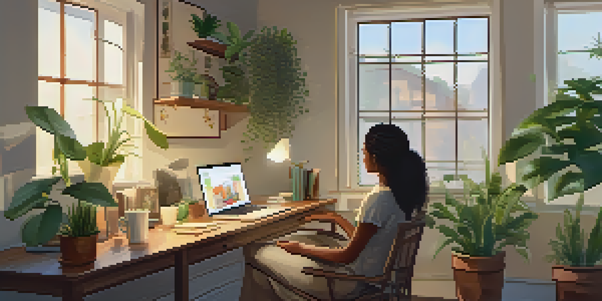 A person in a cozy home office having a virtual health coaching session on a laptop, with indoor plants and wellness books around.