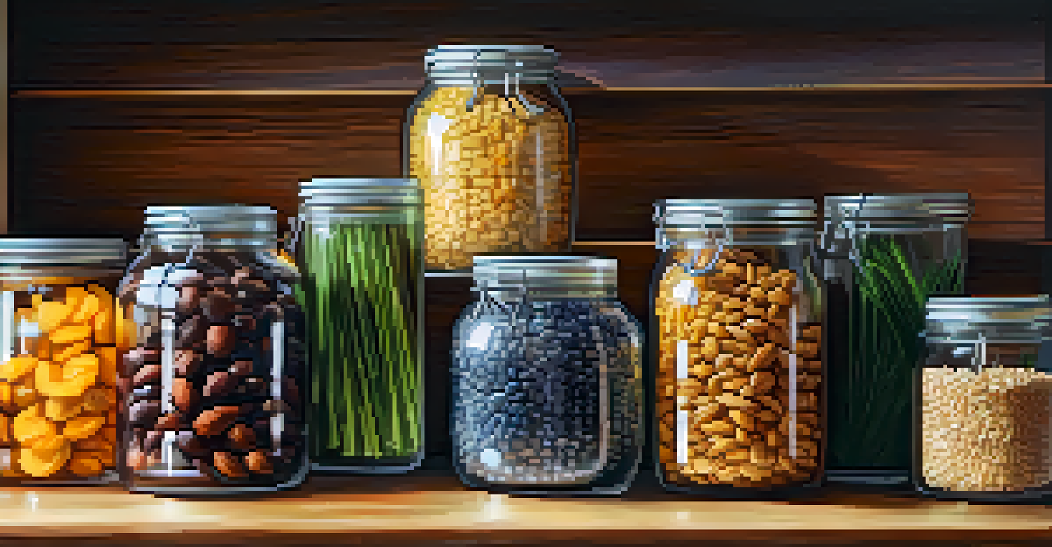 A display of glass jars filled with whole foods on a wooden shelf, illuminated by sunlight, highlighting the beauty of healthy ingredients.