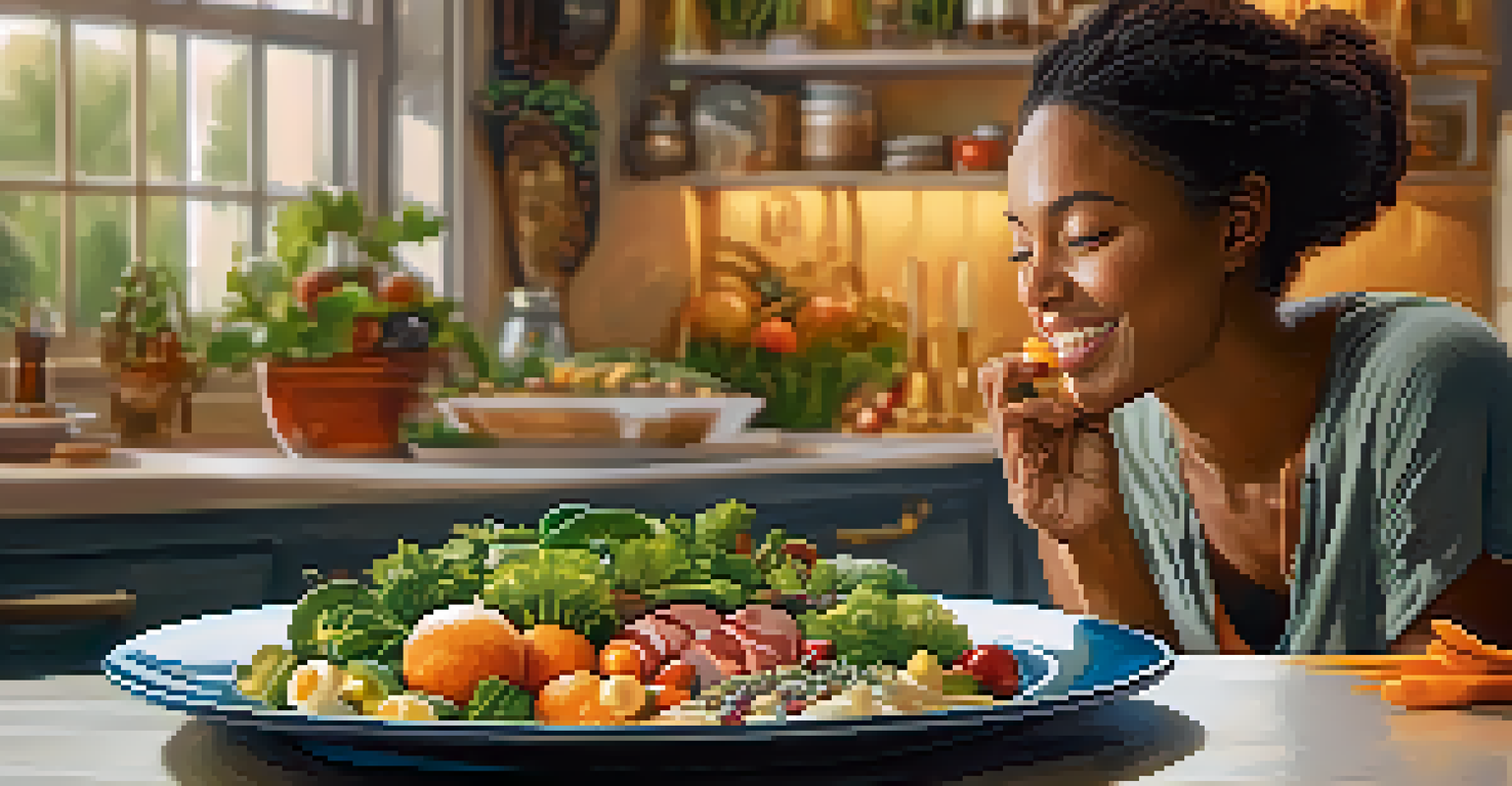 A close-up of a person enjoying a meal, showcasing their joyful expression and a plate filled with vibrant seasonal foods.