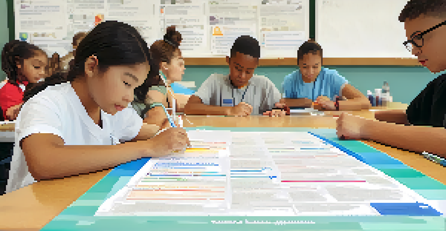 A student making a poster about vaccinations with markers, surrounded by peers working on similar projects and a bulletin board in the background.