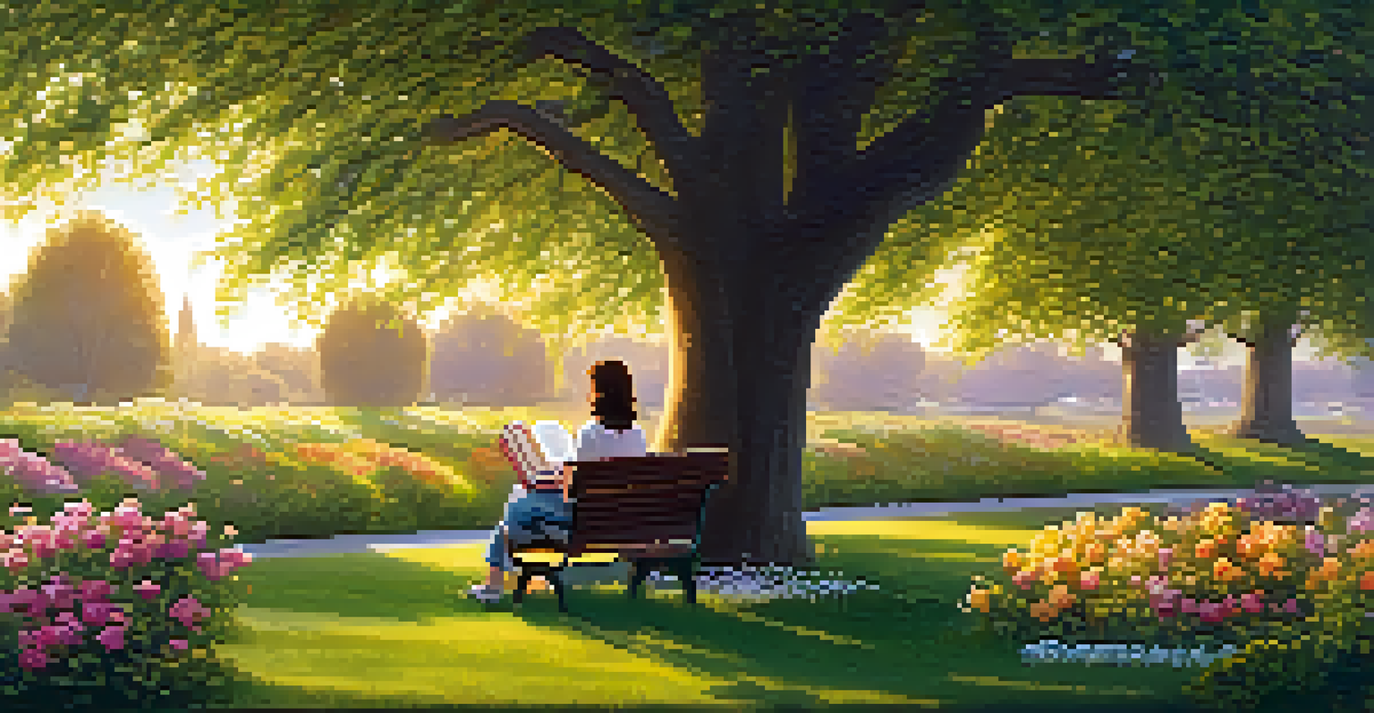 A person reading a joke book on a park bench surrounded by flowers and trees, smiling in the golden glow of sunset.