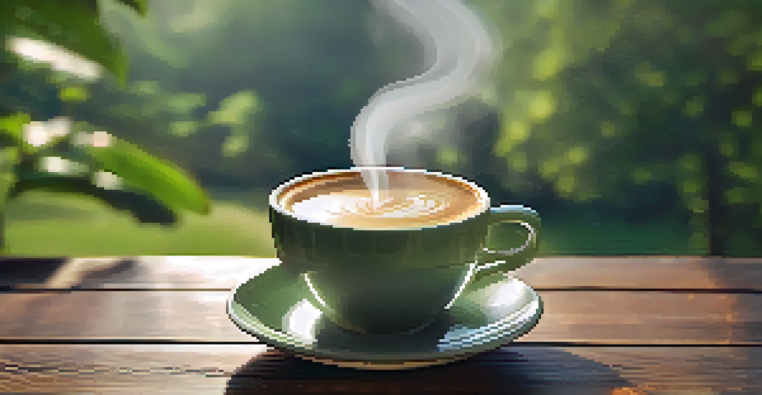 A close-up of a steaming cup of coffee on a wooden table surrounded by nature, symbolizing mindfulness and presence.