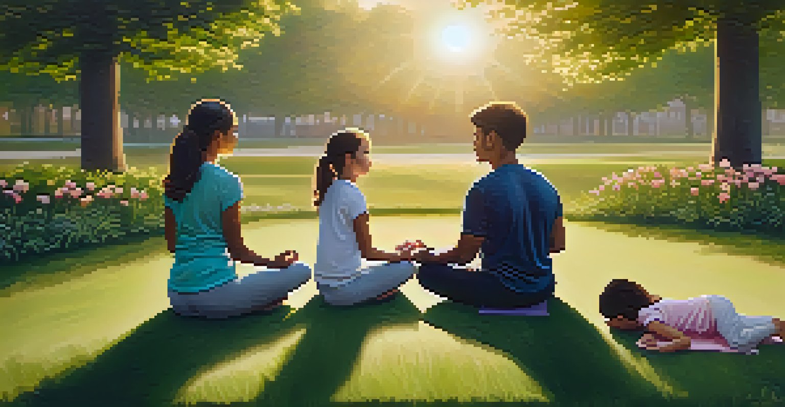 A family practicing mindfulness in a park during sunset, sitting in a circle on yoga mats with a peaceful atmosphere.