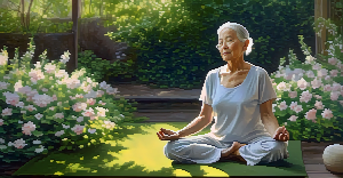 An elderly person doing yoga in a peaceful garden filled with flowers and sunlight.