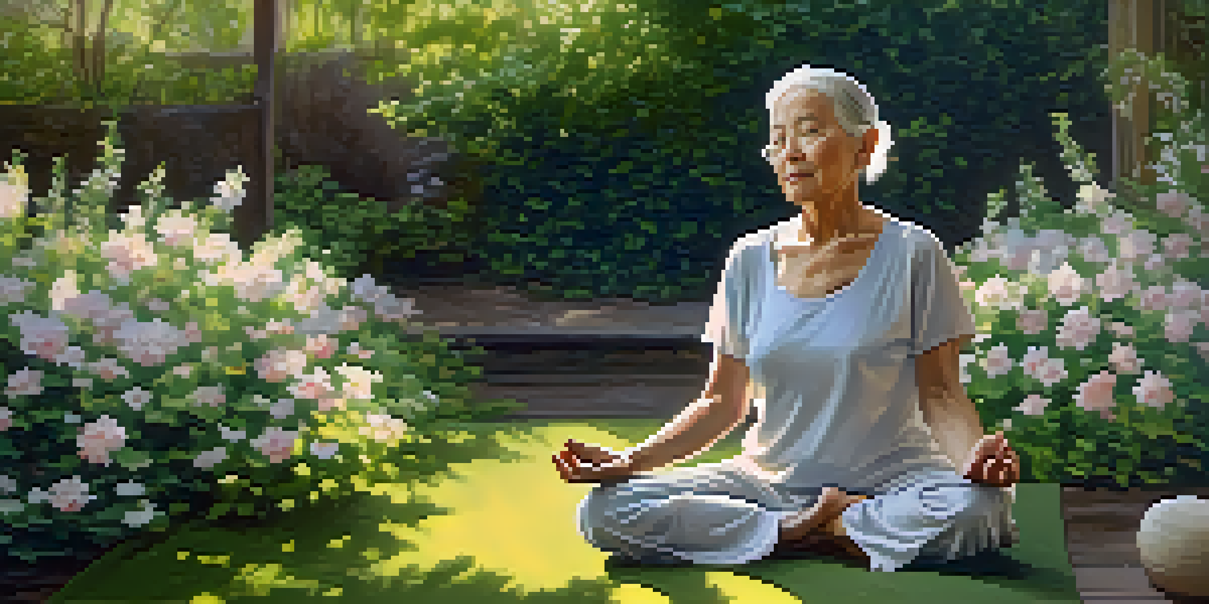 An elderly person doing yoga in a peaceful garden filled with flowers and sunlight.