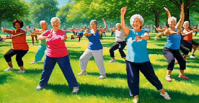 Seniors participating in an outdoor group fitness class in a sunny park, practicing tai chi and yoga among lush greenery.
