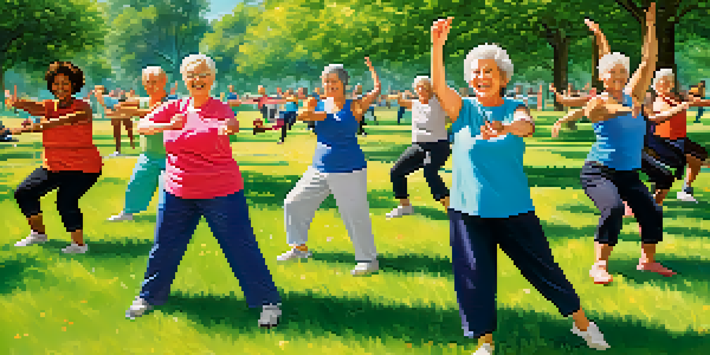Seniors participating in an outdoor group fitness class in a sunny park, practicing tai chi and yoga among lush greenery.