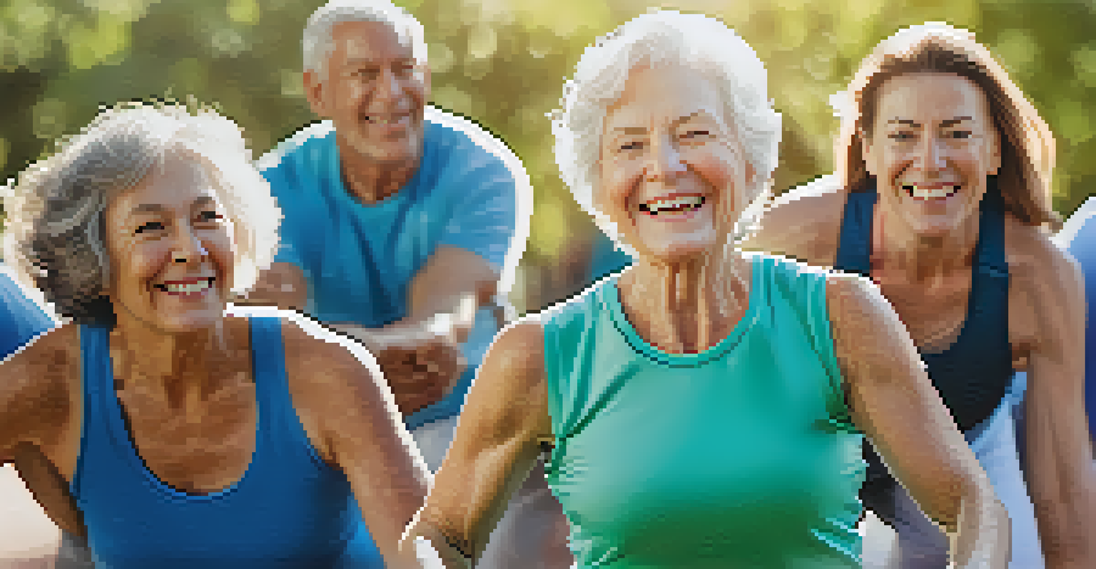 A senior woman smiling during an outdoor group workout, with other seniors practicing in the background.