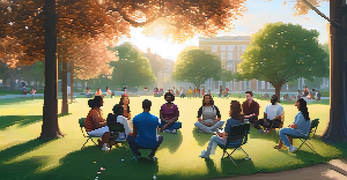 A diverse group of individuals sitting in a circle on the grass in a park, taking part in a mental health workshop during sunset.