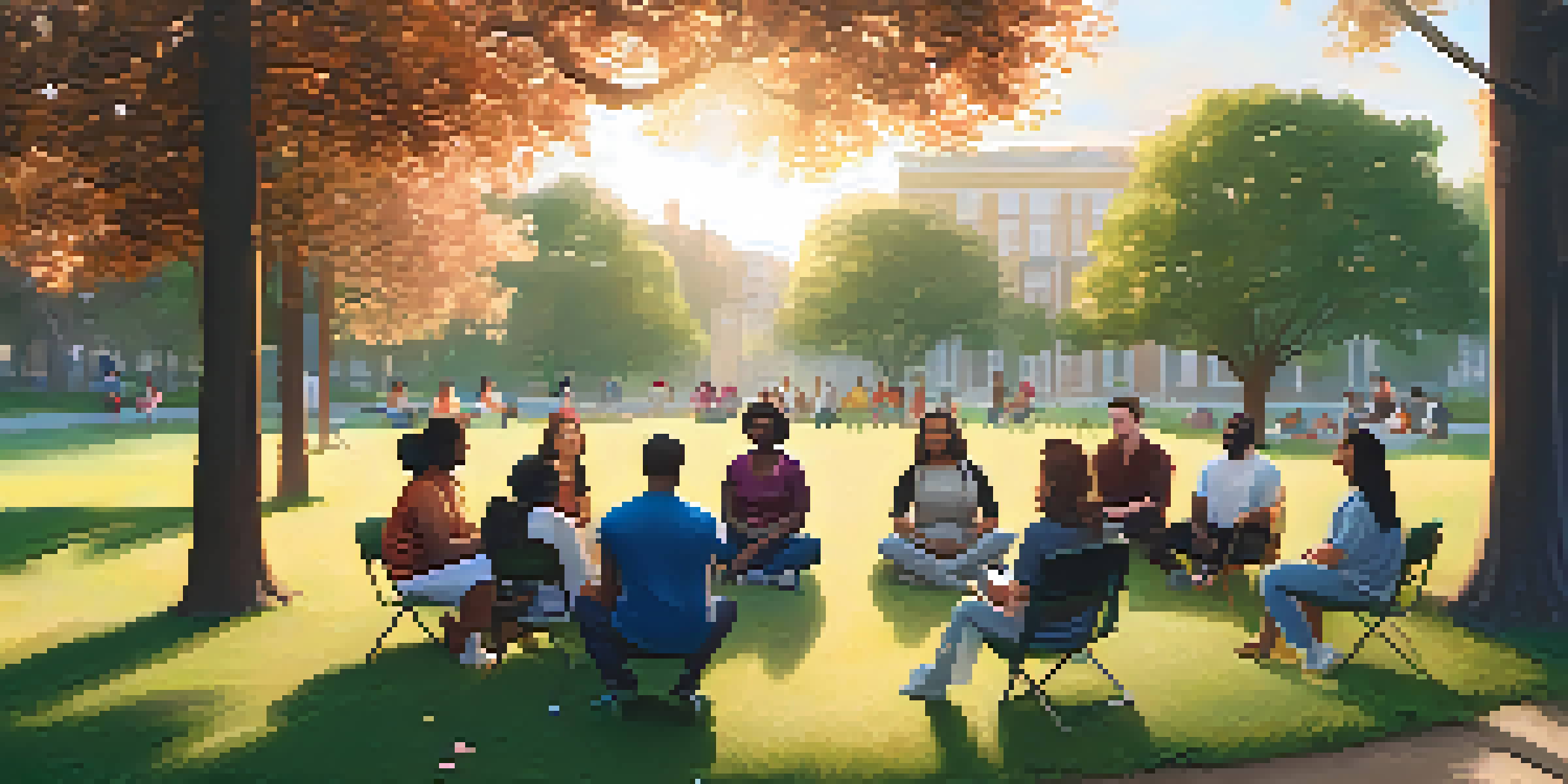 A diverse group of individuals sitting in a circle on the grass in a park, taking part in a mental health workshop during sunset.