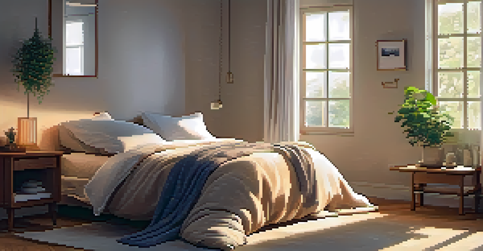 A person sleeping peacefully in a well-lit bedroom, with a bedside table displaying a plant and a book, highlighting the importance of sleep.