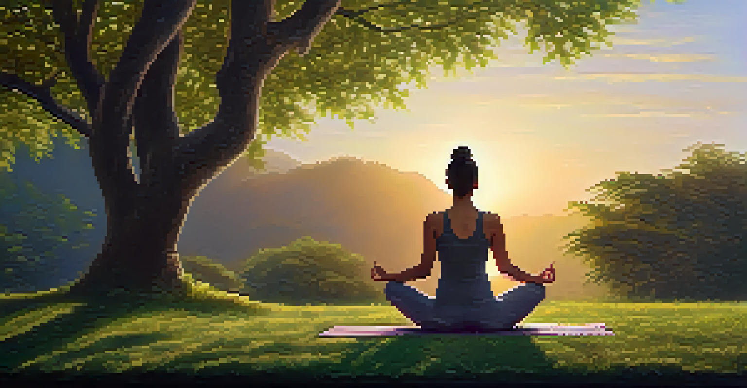 A person practicing yoga outdoors at sunset, surrounded by greenery, promoting relaxation and stress relief.