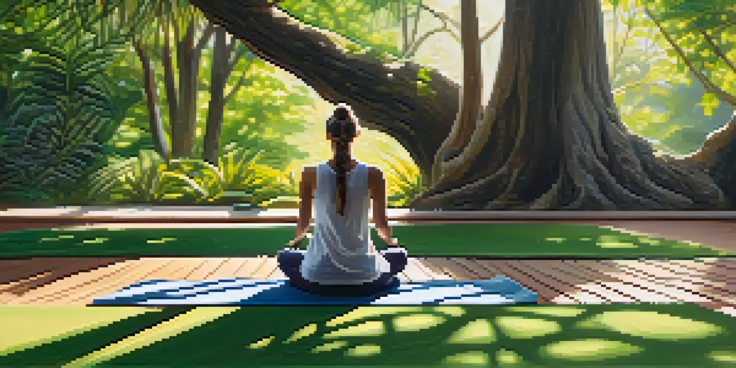 A person meditating on a yoga mat in a tranquil outdoor setting surrounded by trees and soft sunlight.