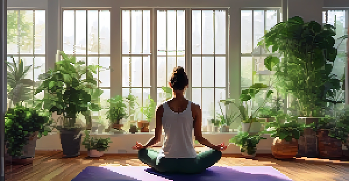 A woman meditating in a sunlit room surrounded by plants, promoting a peaceful and calming atmosphere.