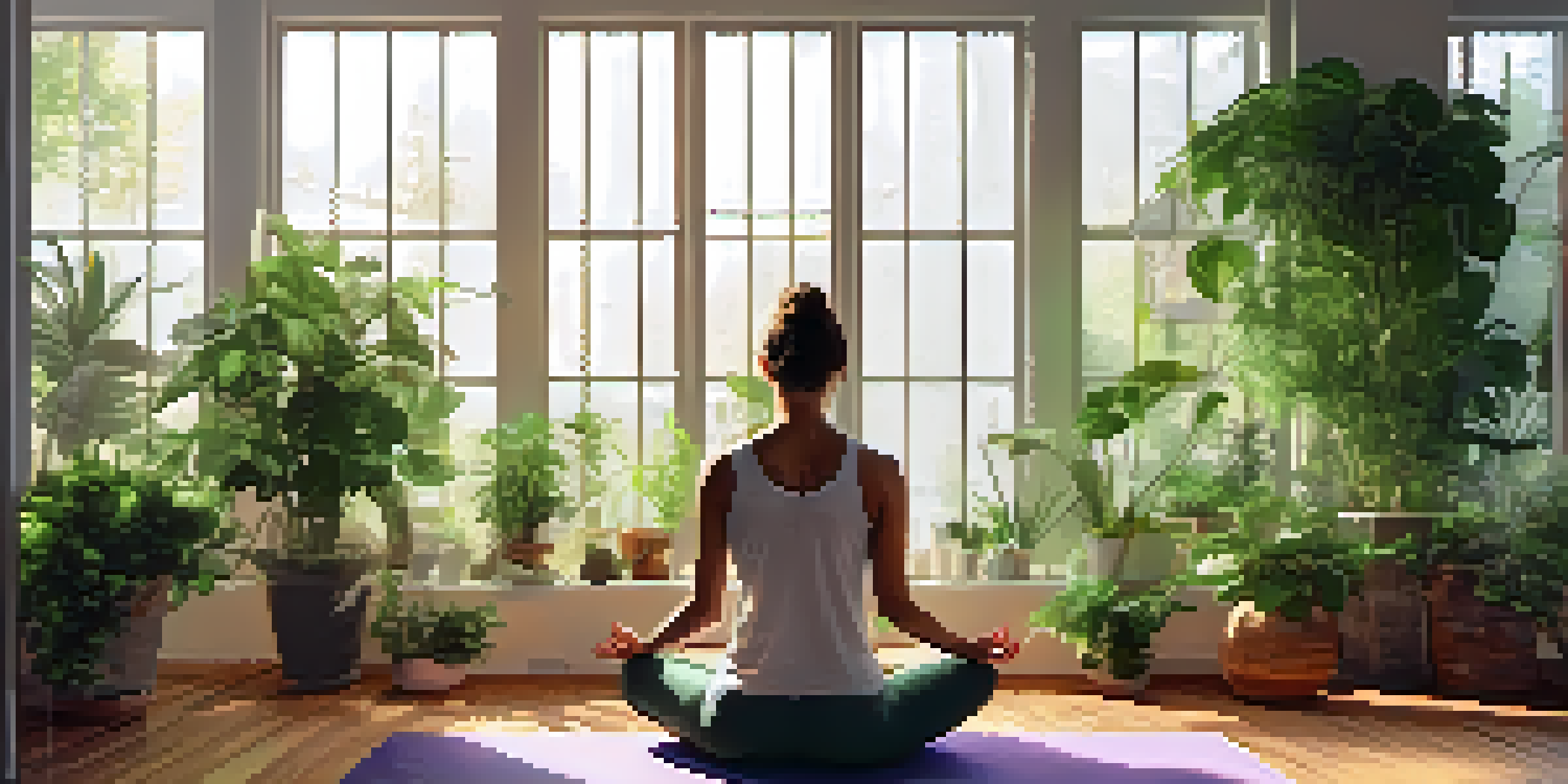 A woman meditating in a sunlit room surrounded by plants, promoting a peaceful and calming atmosphere.