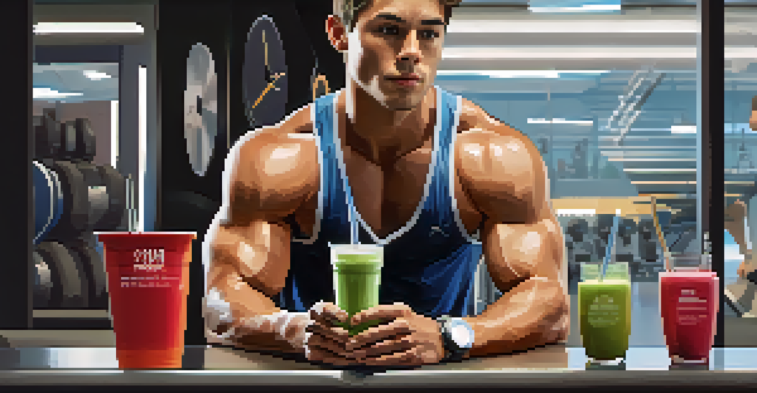 An athlete in a gym holding a protein smoothie and checking the time, symbolizing post-workout nutrition timing.