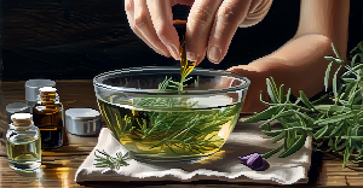 Hands mixing essential oils in a glass bowl with herbs on a rustic wooden table.