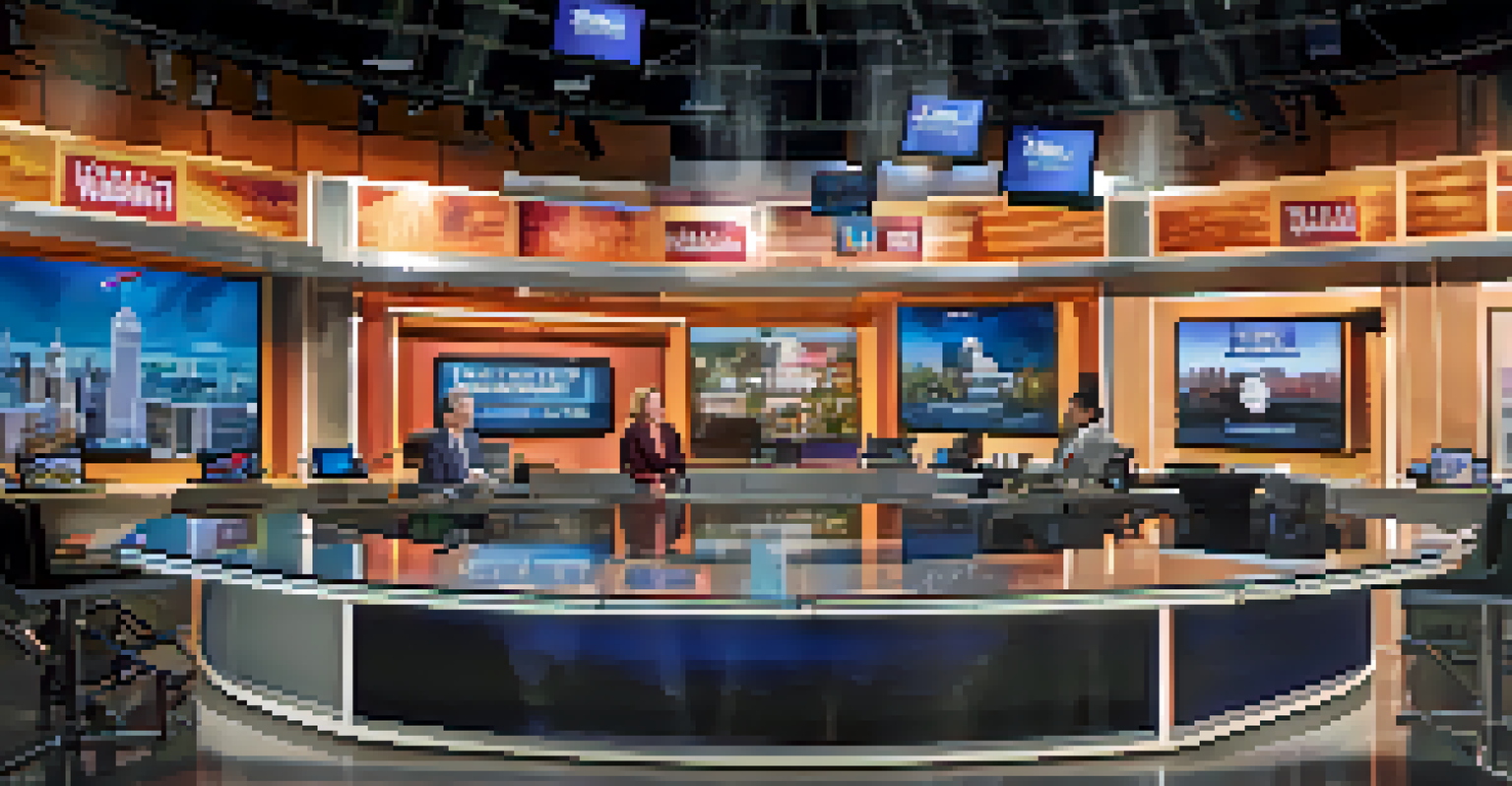 A local news studio with a host discussing vaccination efforts, featuring data and graphics on a large screen in a modern setting.