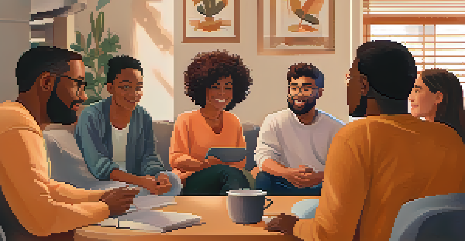 A diverse group of people participating in a virtual mental health support group on a video call, each in their own cozy environment.