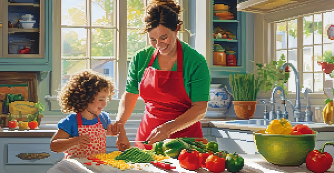 A child cooking with a parent in a sunny kitchen, chopping vegetables with colorful ingredients around.