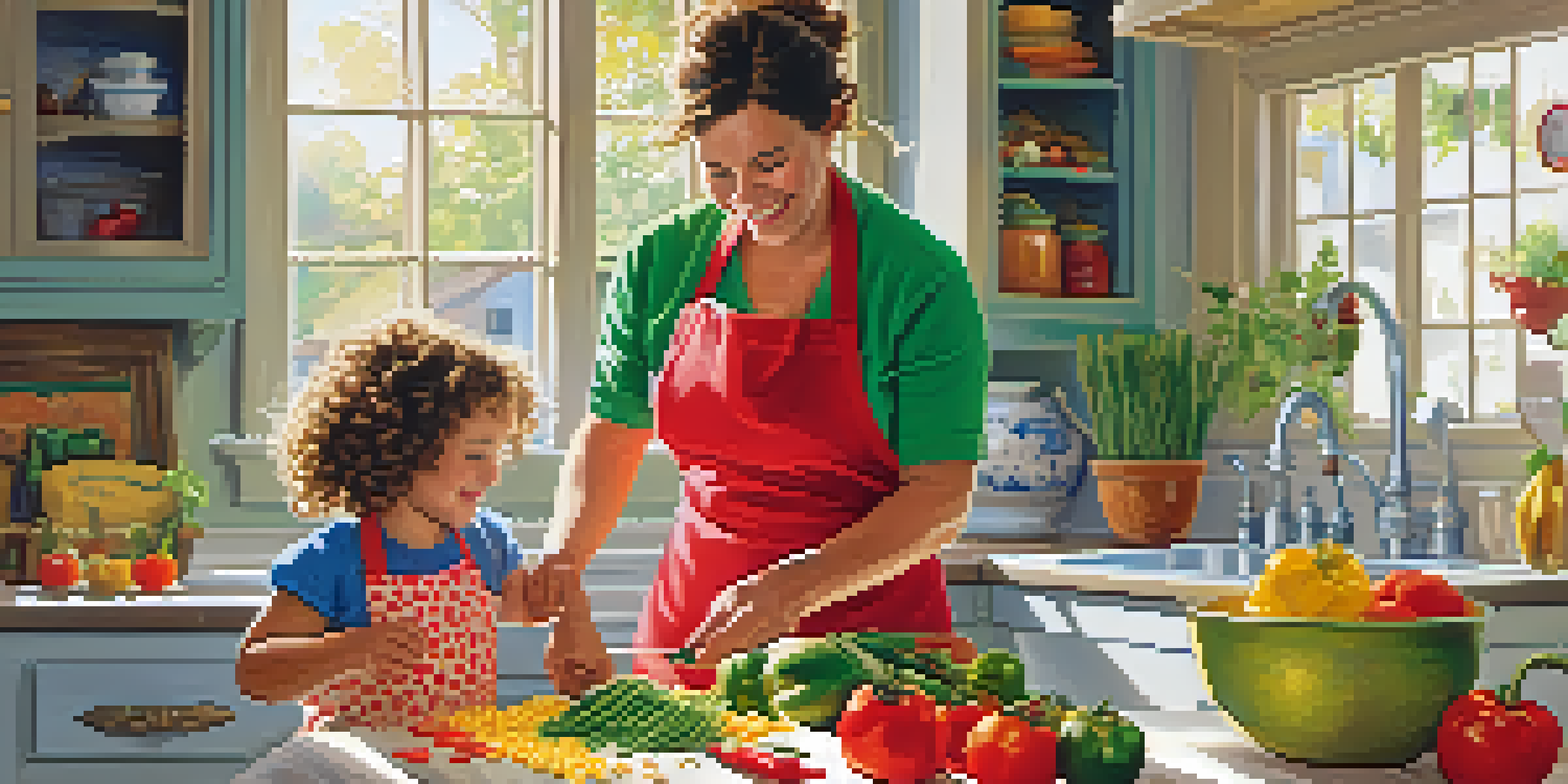 A child cooking with a parent in a sunny kitchen, chopping vegetables with colorful ingredients around.