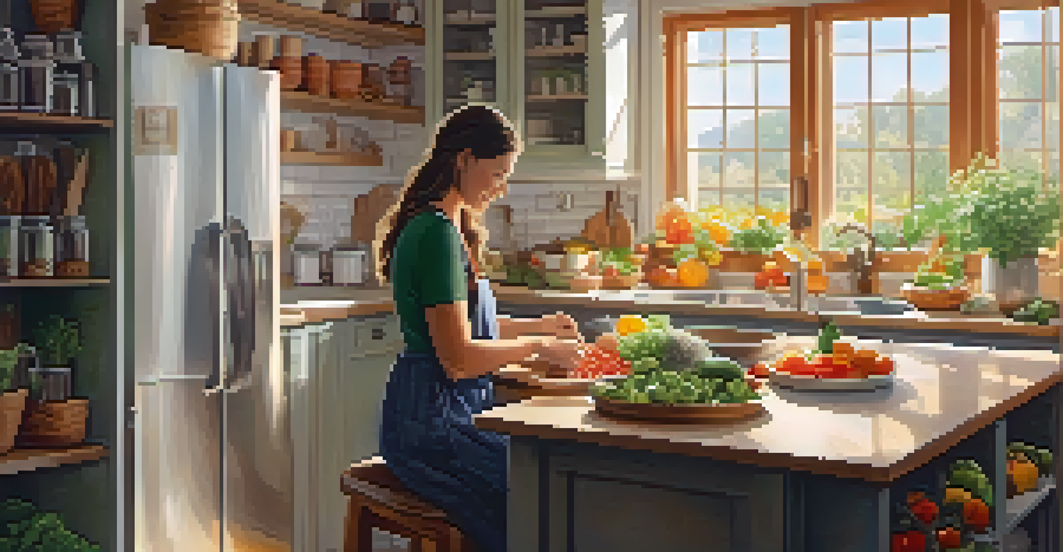 A cozy kitchen with a person preparing a nutritious meal, surrounded by fresh vegetables and fruits, illuminated by warm light.