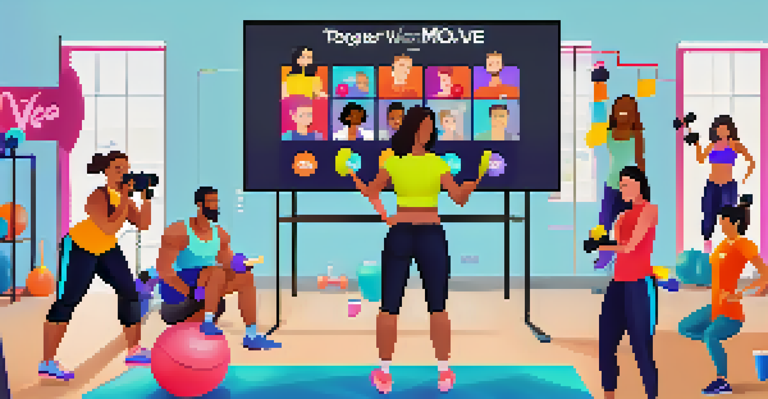 A digital fitness community live video call with participants smiling and working out in their homes.