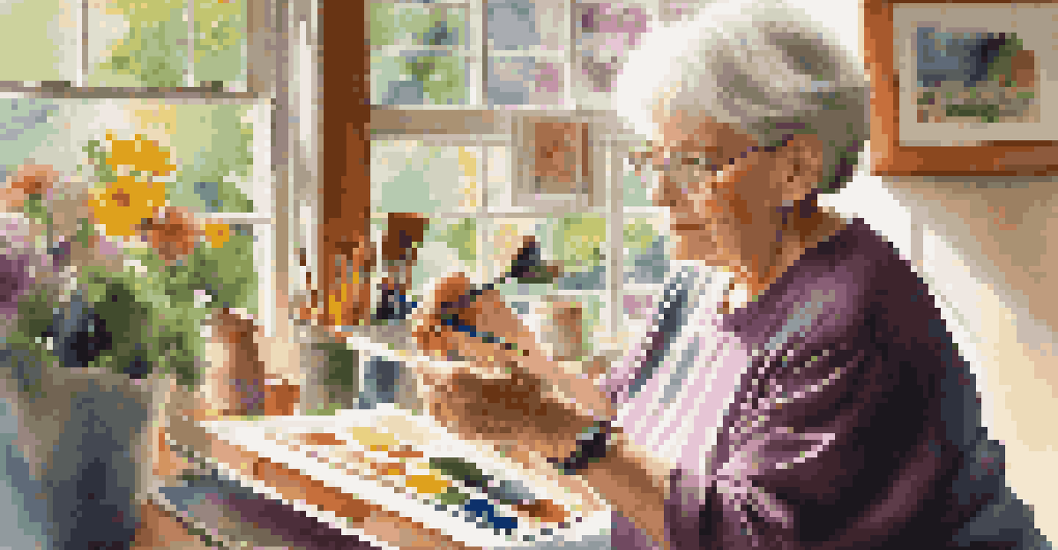 An older woman immersed in painting in a bright art studio filled with colorful art supplies.