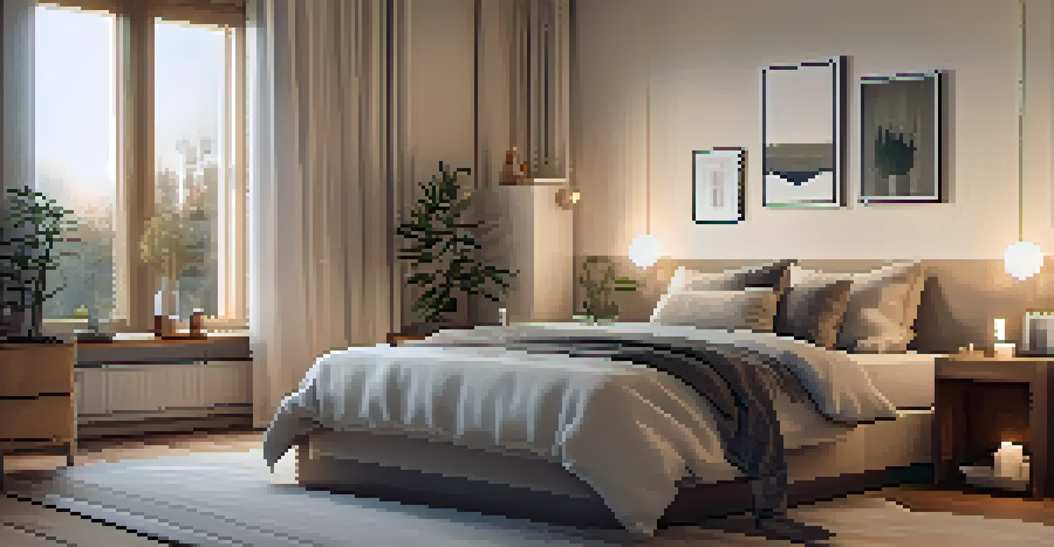 An inviting bedroom with warm lighting, minimalistic decor, and a peaceful atmosphere ideal for relaxation.
