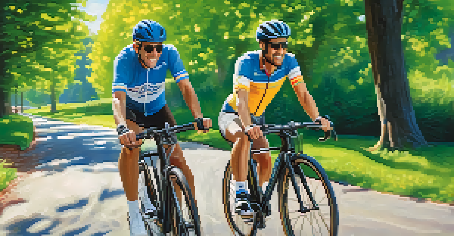 A visually impaired athlete cycling on a tandem bike with a guide in a beautiful park, showcasing joy and teamwork.