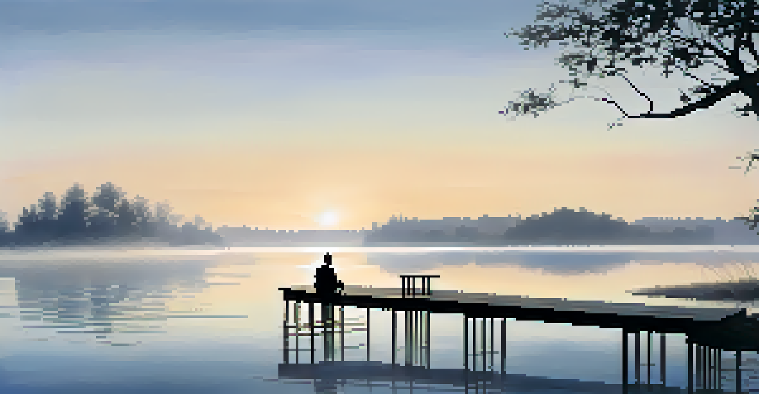 A serene lakeside at sunrise, with mist rising from the water and a person meditating on a dock, surrounded by trees, creating a tranquil atmosphere.