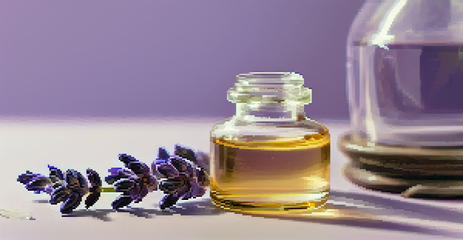 A hand holding a glass vial of lavender essential oil with fresh lavender sprigs, set against a softly blurred background.