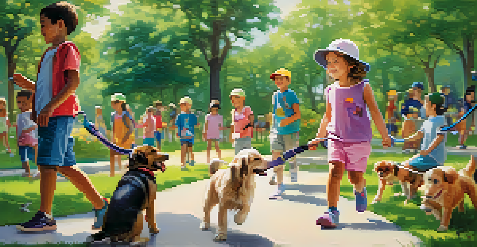 A child walking a small dog in a sunny park, surrounded by other children and pets.