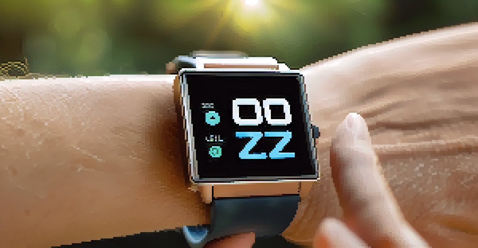 A close-up of a smartwatch on an elderly person's wrist, showing health metrics in an outdoor setting.