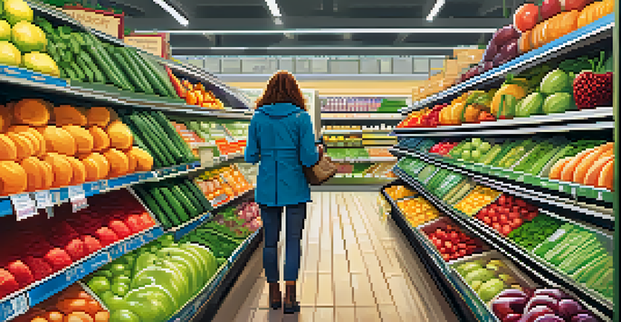 A shopper in a grocery store aisle filled with colorful fresh fruits and vegetables, examining a label on an apple.