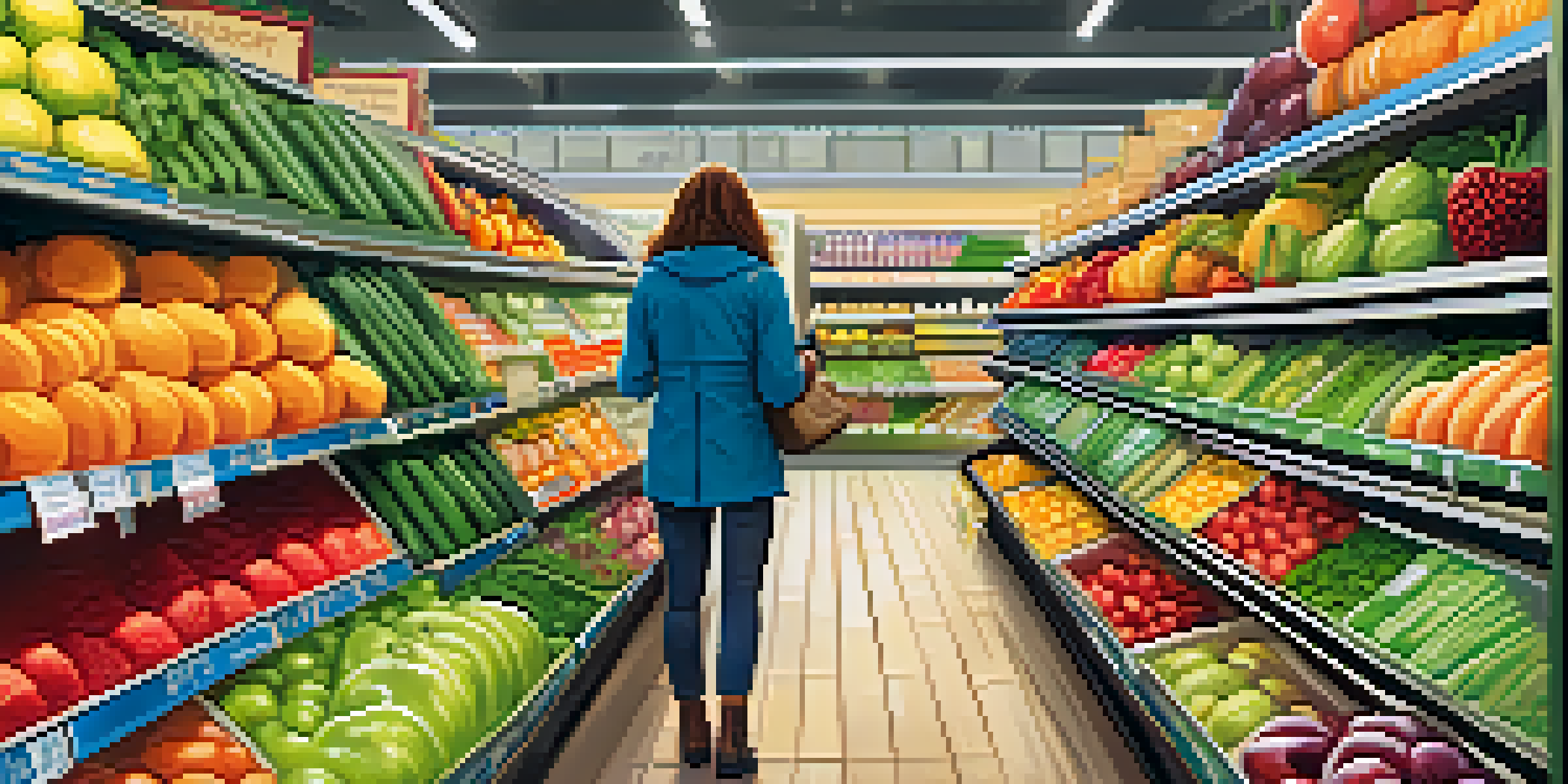 A shopper in a grocery store aisle filled with colorful fresh fruits and vegetables, examining a label on an apple.