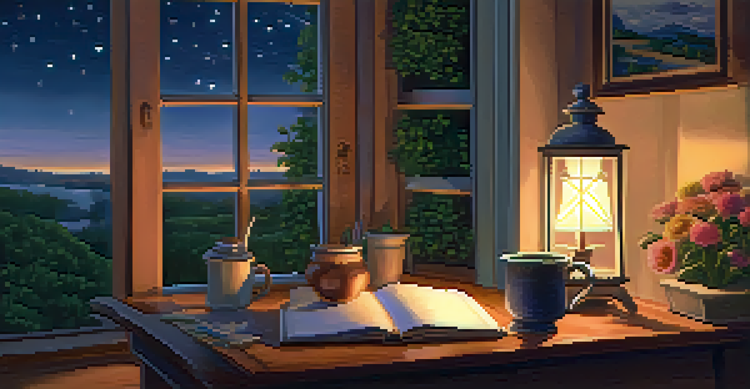 A person journaling by a window with a warm lamp glow, surrounded by calming decor and a cup of tea, overlooking a night sky.