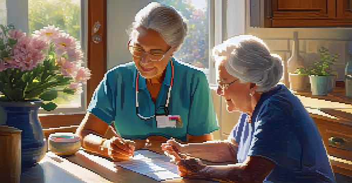 An elderly caregiver and a senior individual engaged in a conversation about medication instructions at a kitchen table with sunlight streaming in.