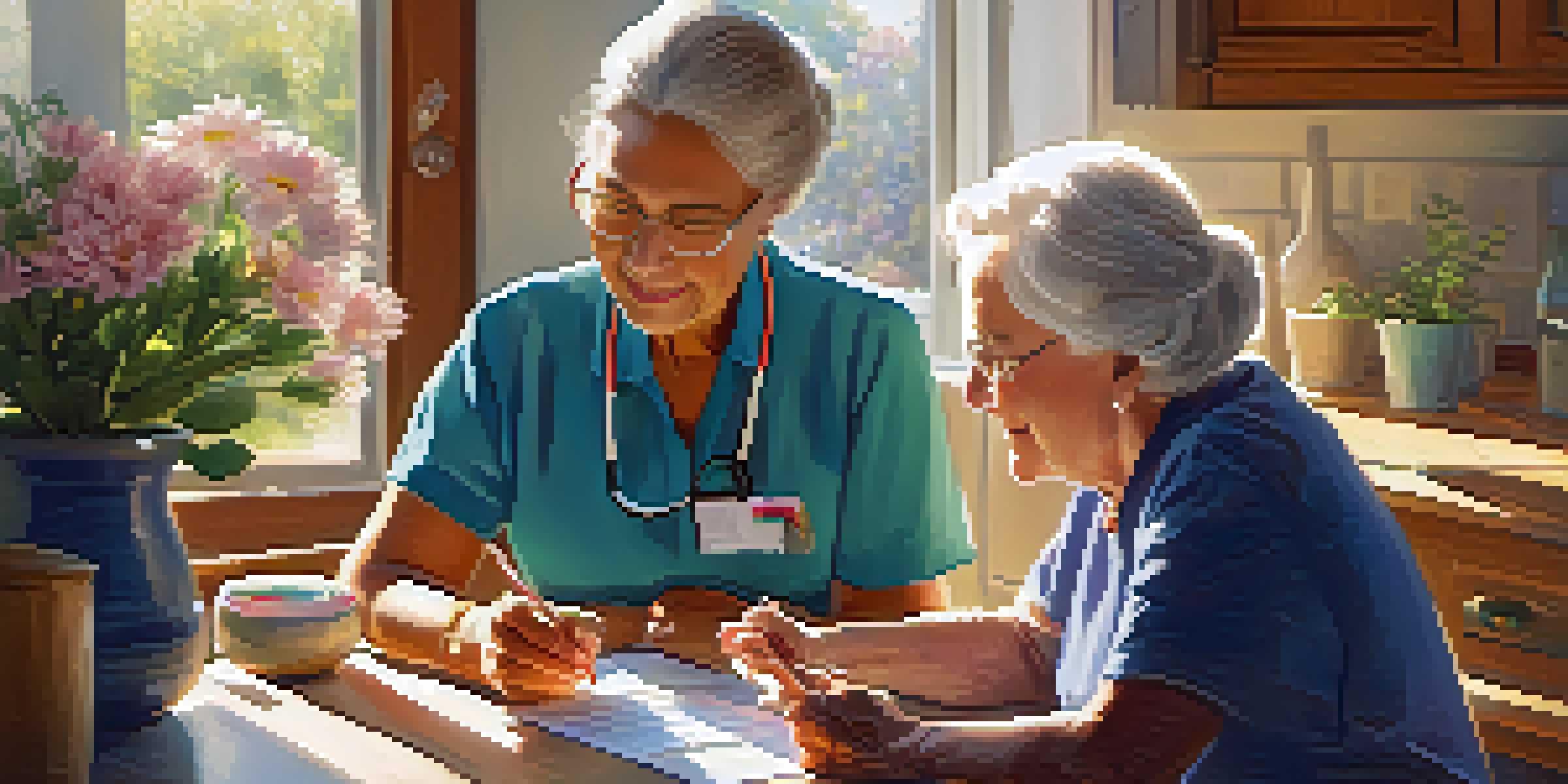 An elderly caregiver and a senior individual engaged in a conversation about medication instructions at a kitchen table with sunlight streaming in.