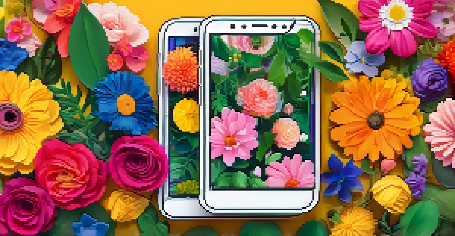 A smartphone displaying a positive social media feed, surrounded by colorful flowers and greenery, symbolizing uplifting online content.
