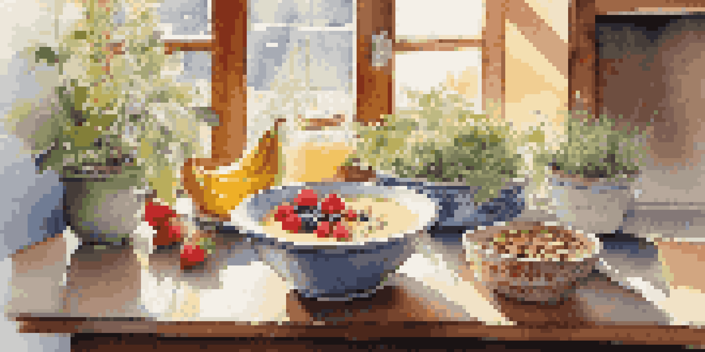 A bright kitchen featuring a healthy breakfast of a smoothie bowl and a cup of tea, illuminated by morning sunlight.
