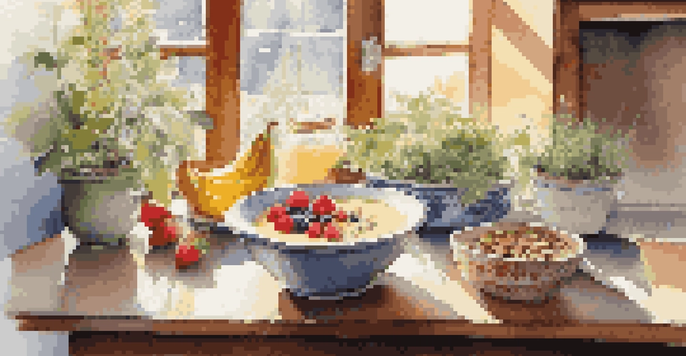 A bright kitchen featuring a healthy breakfast of a smoothie bowl and a cup of tea, illuminated by morning sunlight.