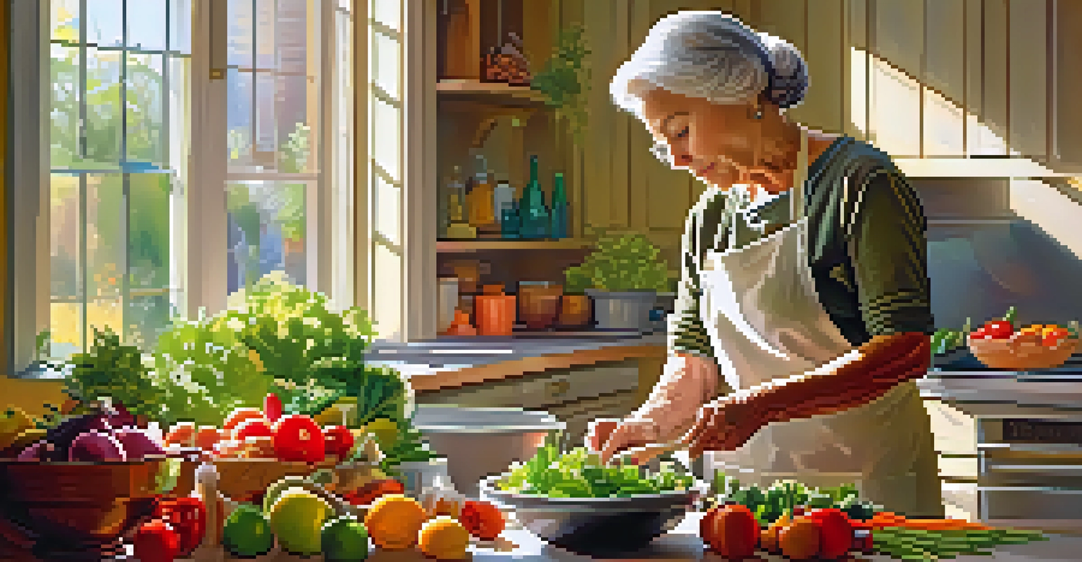 An elderly woman in a cozy kitchen preparing a vibrant salad, with sunlight streaming through the window, emphasizing healthy nutrition.